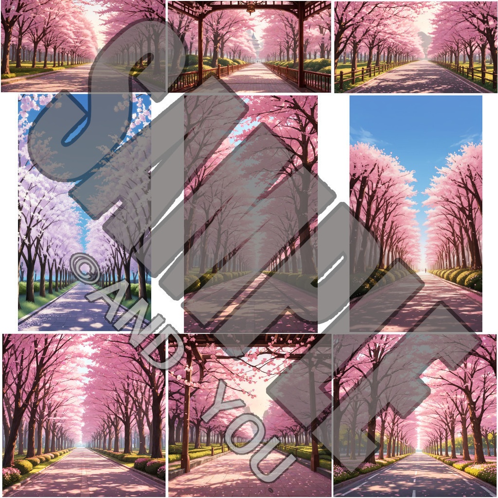 桜並木(昼)背景セット|日常風景 屋外シリーズ Vol.1