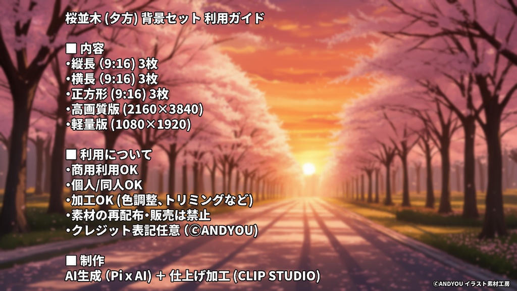 桜並木(夕方)背景セット|日常風景 屋外シリーズ Vol.1