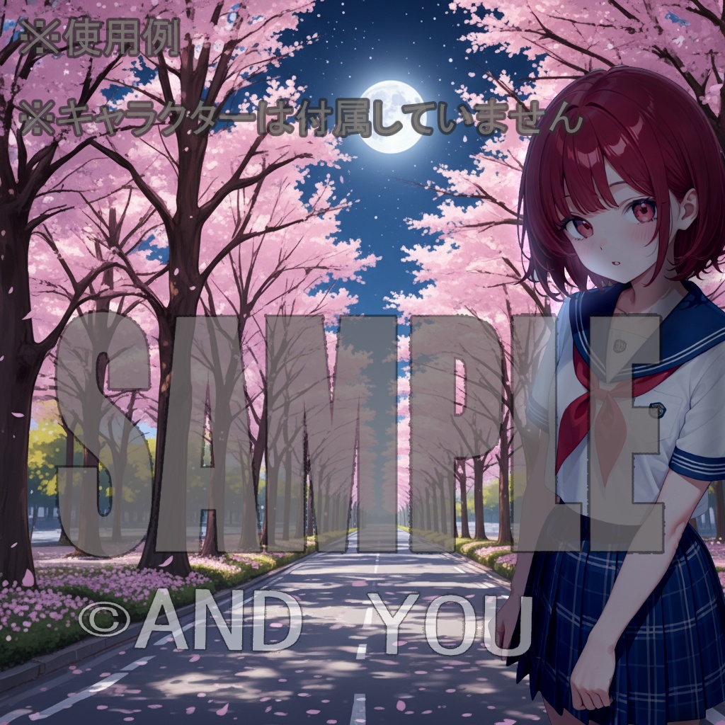 桜並木(夜)背景セット|日常風景 屋外シリーズ Vol.1