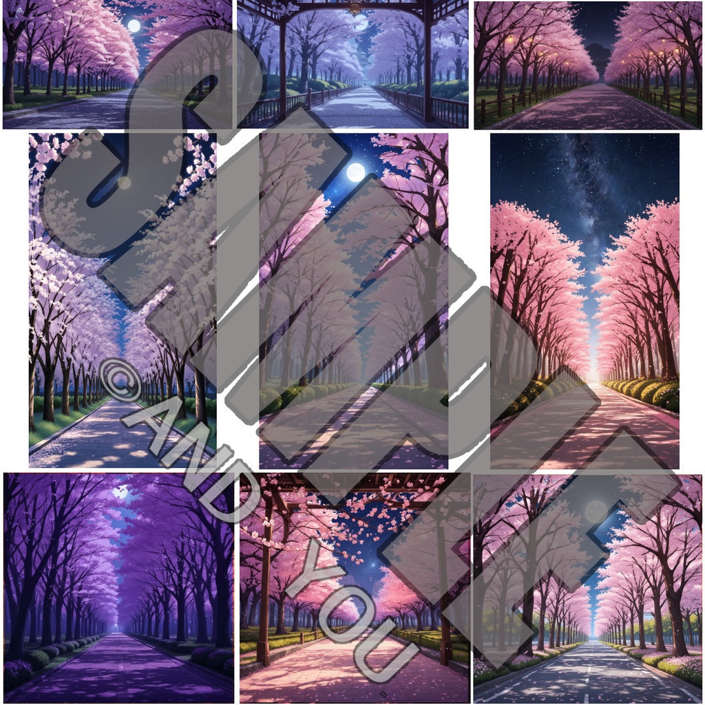 桜並木(夜)背景セット|日常風景 屋外シリーズ Vol.1