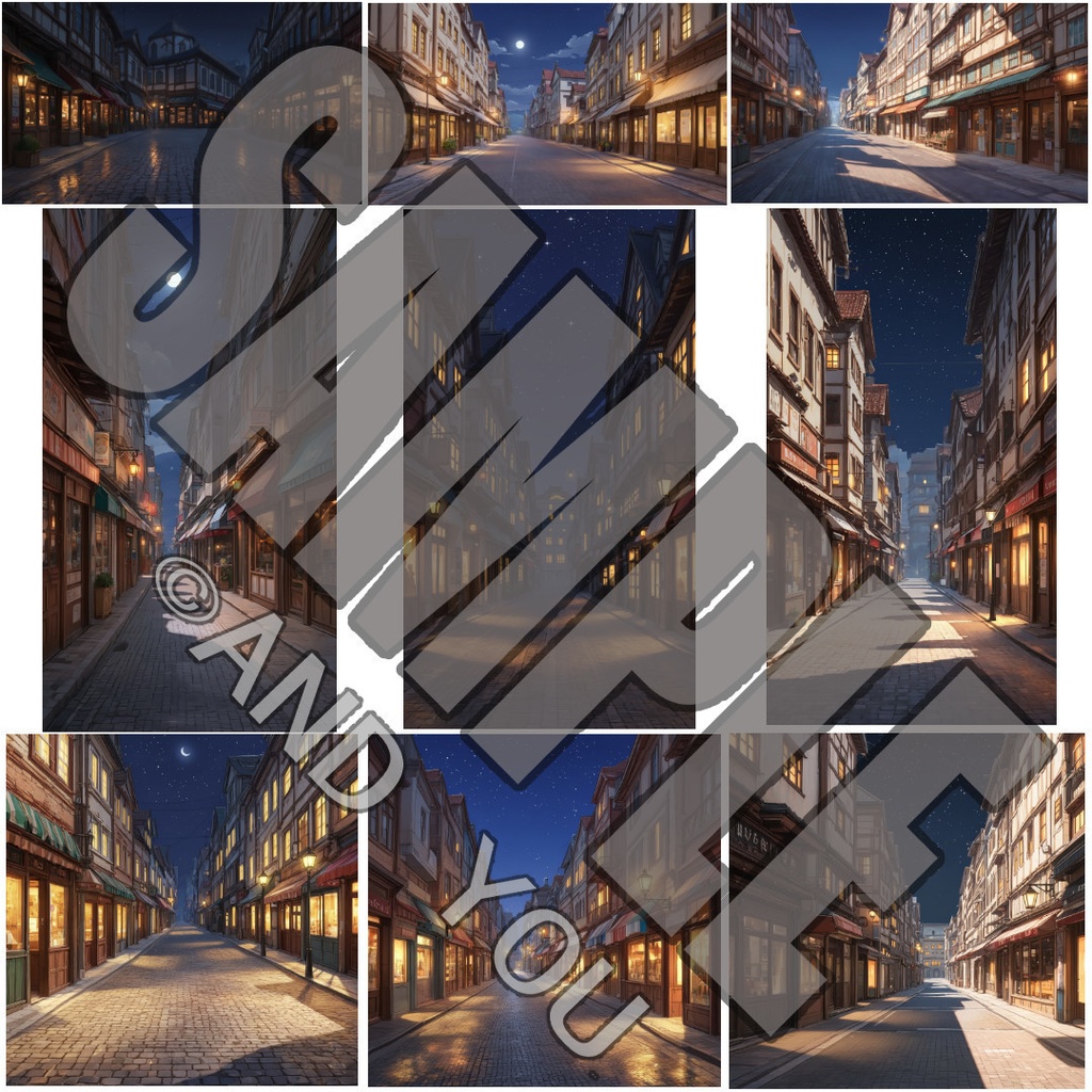 商店街(夜)背景セット|日常風景 屋外シリーズ Vol.3