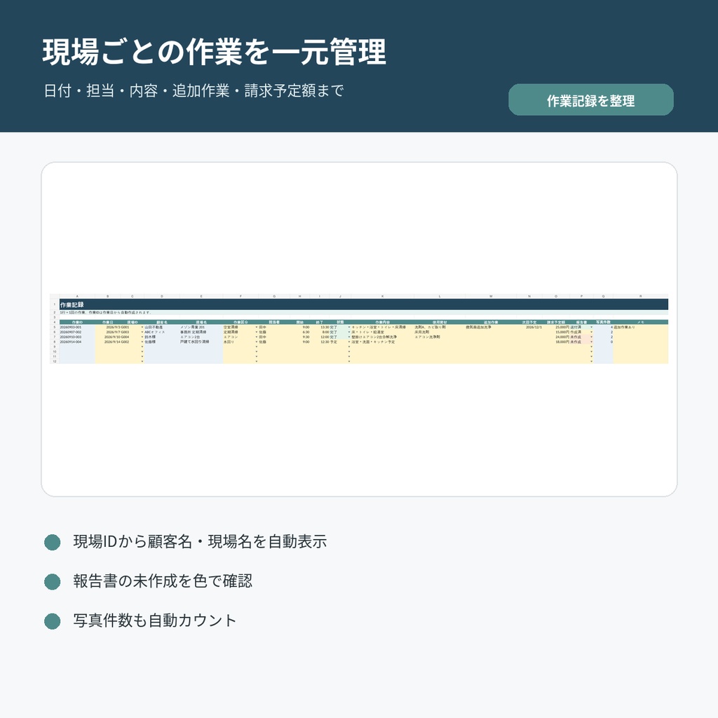 清掃現場らくらくExcel｜作業・写真番号・報告・請求を1つで管理【買い切り】