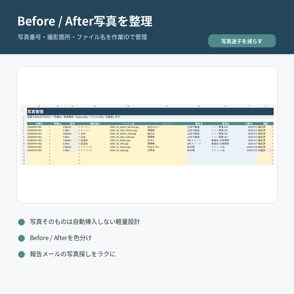 清掃現場らくらくExcel|作業・写真番号・報告・請求を1つで管理【買い切り】
