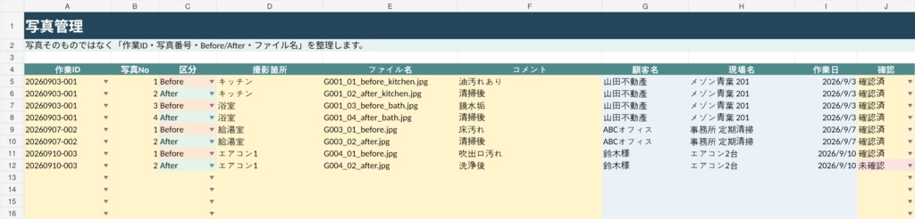清掃現場らくらくExcel|作業・写真番号・報告・請求を1つで管理【買い切り】