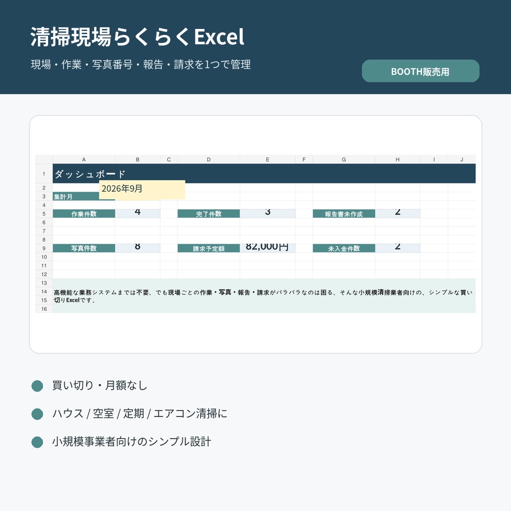 清掃現場らくらくExcel|作業・写真番号・報告・請求を1つで管理【買い切り】
