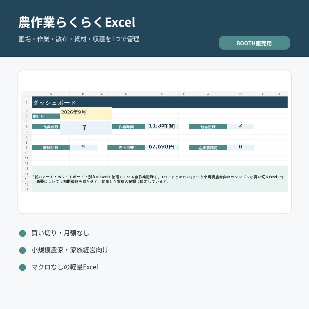 農作業らくらくExcel｜圃場・作業・散布・資材・収穫を1つで管理【買い切り】