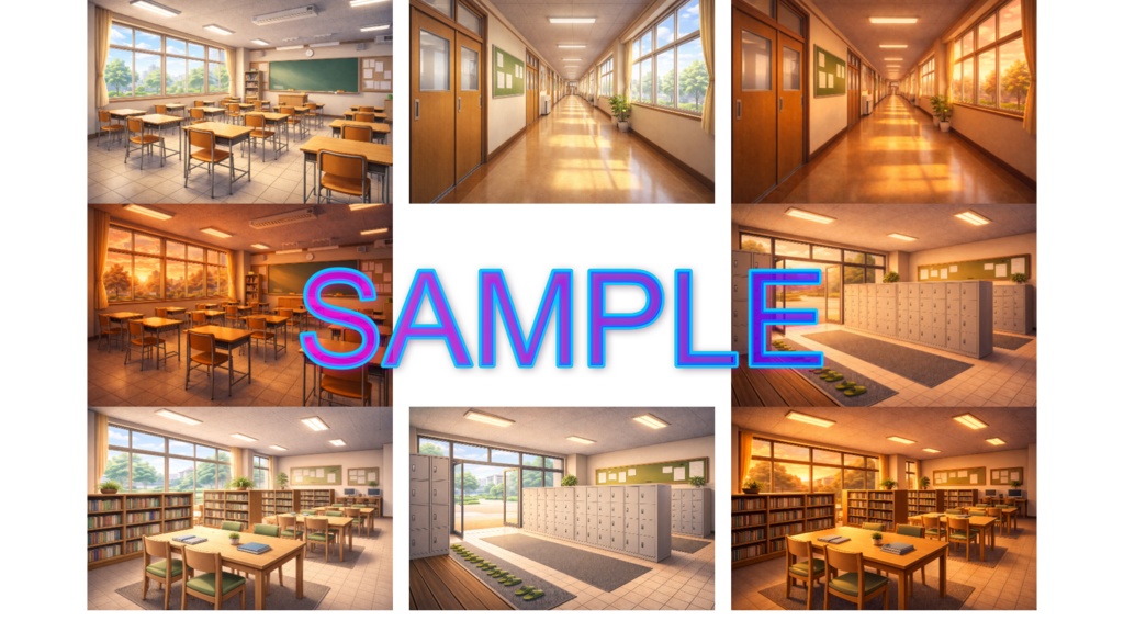 ノベルゲーム向け汎用背景画像22枚セット(時間差分含む)【寝室 バス停・駅前 カフェ 教室 廊下 下駄箱 図書室 公園 住宅街 遠景】