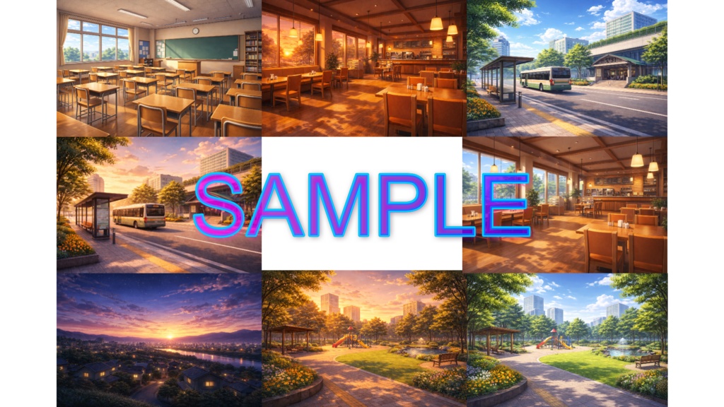 ノベルゲーム向け汎用背景画像22枚セット(時間差分含む)【寝室 バス停・駅前 カフェ 教室 廊下 下駄箱 図書室 公園 住宅街 遠景】