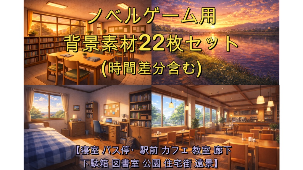 ノベルゲーム向け汎用背景画像22枚セット(時間差分含む)【寝室 バス停・駅前 カフェ 教室 廊下 下駄箱 図書室 公園 住宅街 遠景】