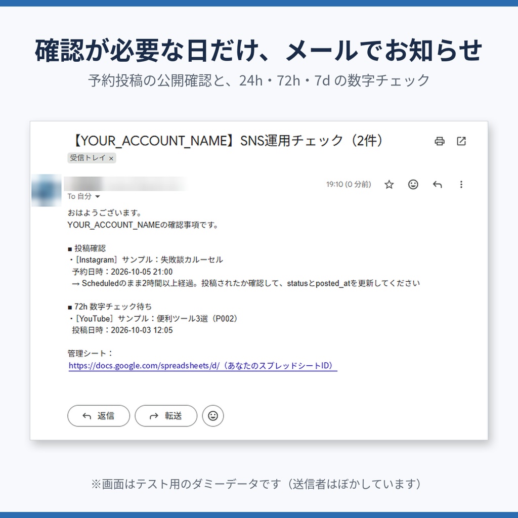 SNS投稿の見忘れを防ぐ 毎朝チェックキット|n8n版+GAS版(Googleスプレッドシート×Gmail)