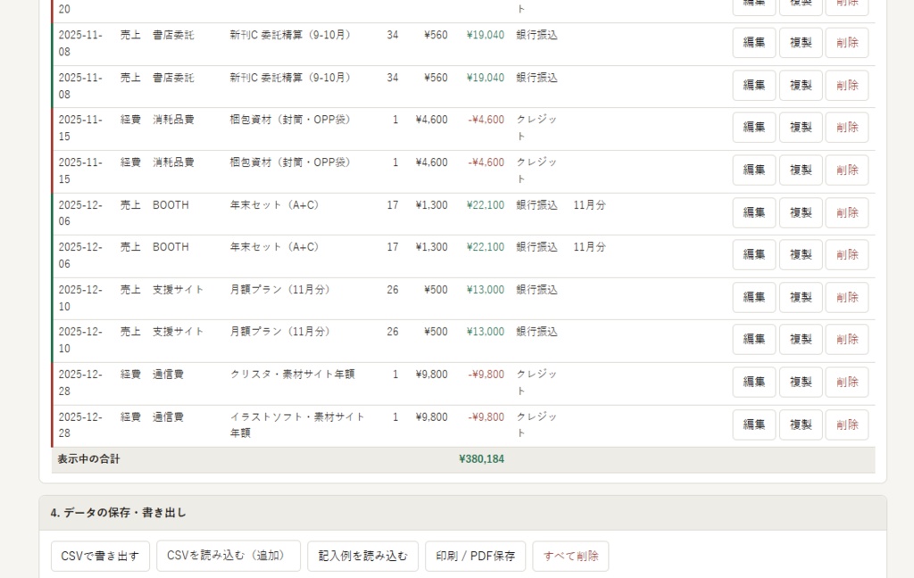 【同人サークル向け】活動収支ノート ─ イベント現金・通販・書店委託の売上を1つにまとめる収支管理ツール(単一HTML/オフライン/記入例41件つき)