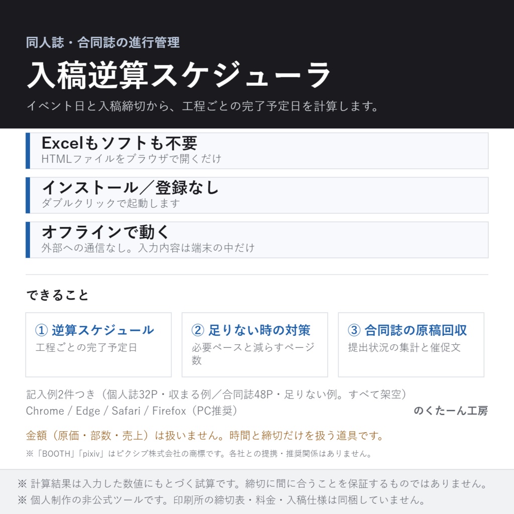 【同人誌】入稿逆算スケジューラ ─ イベント日と締切から作業予定日を自動計算／合同誌の原稿回収も（単一HTML・オフライン・記入例つき）