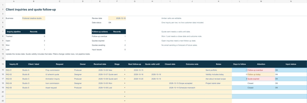 Client Inquiries and Quote Follow-up Tracker v0.1.0|問い合わせ・見積フォロー管理