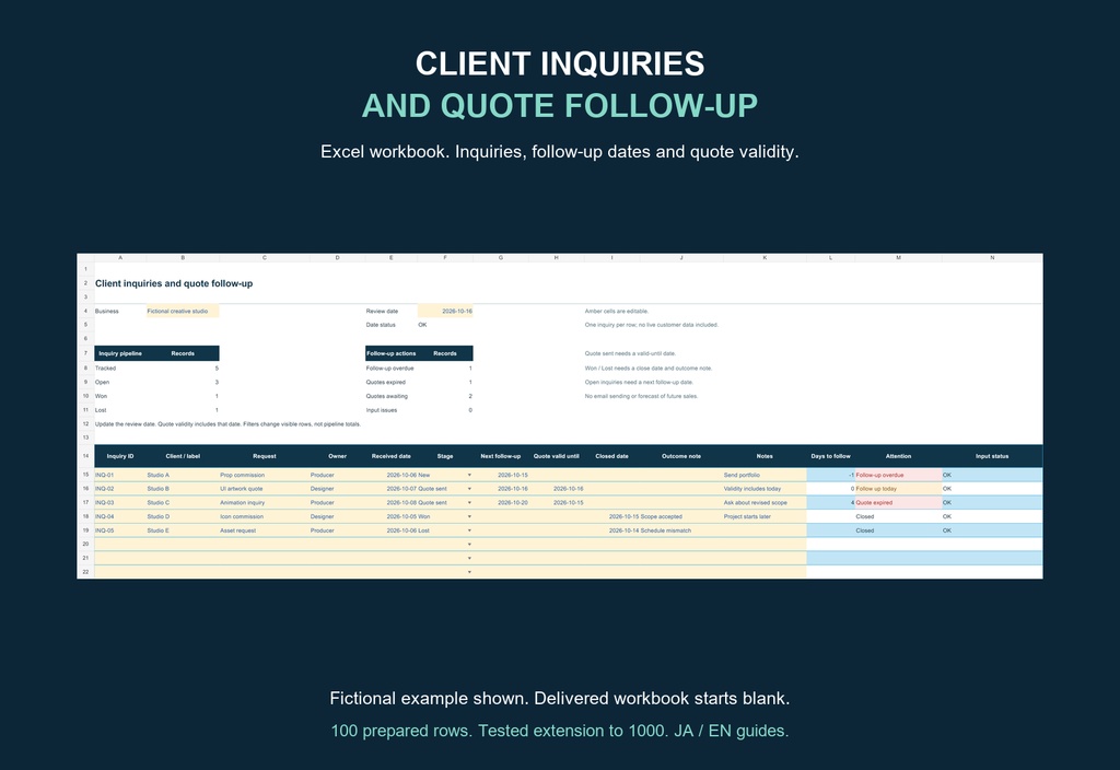 Client Inquiries and Quote Follow-up Tracker v0.1.0｜問い合わせ・見積フォロー管理