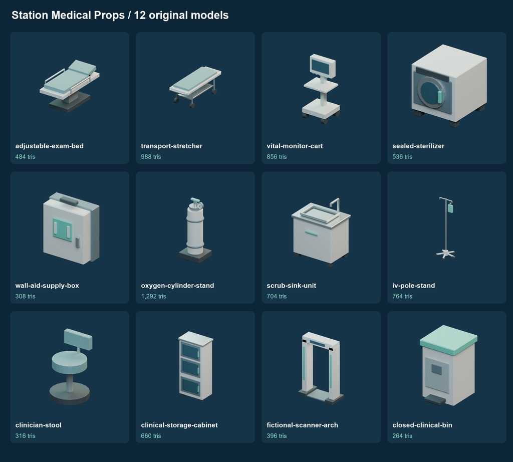 医療区画の3D小物12種|Station Medical Props v0.1.0