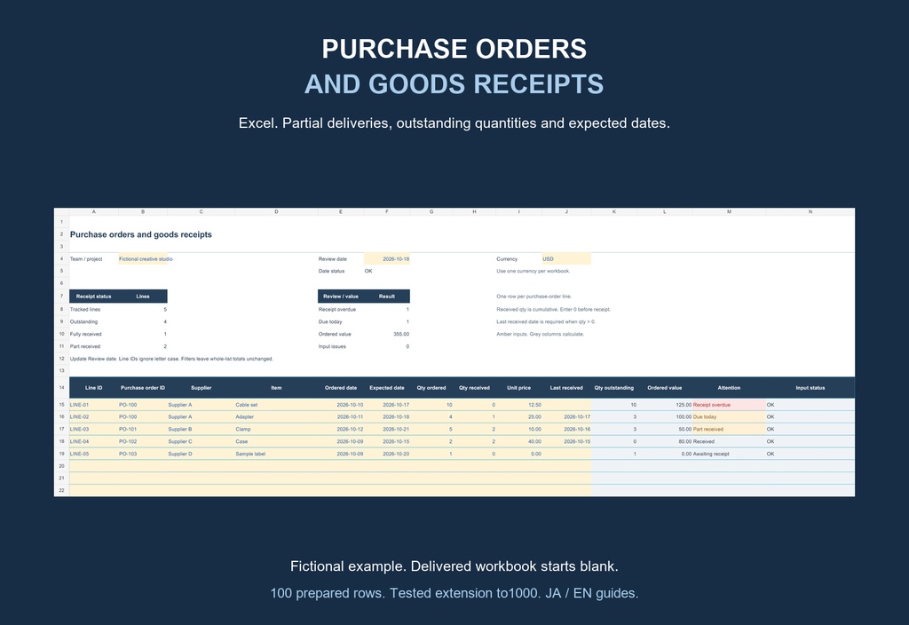 発注・入荷管理 Excelテンプレート|Purchase Orders and Goods Receipts v0.1.0