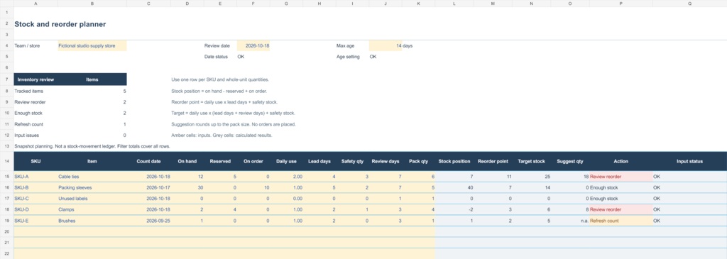 在庫・補充判断 Excelテンプレート|Stock and Reorder Planner v0.1.0