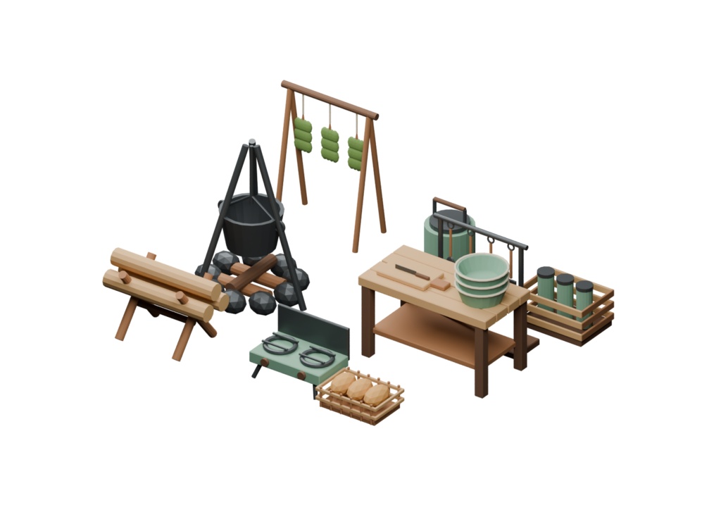 野営・調理場の3D小物12種|Camp Kitchen Props v0.1.0
