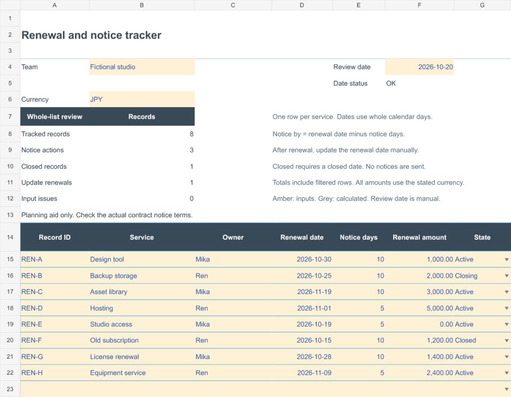 更新・通知期限管理テンプレート|Renewal and Notice Tracker v0.1.0