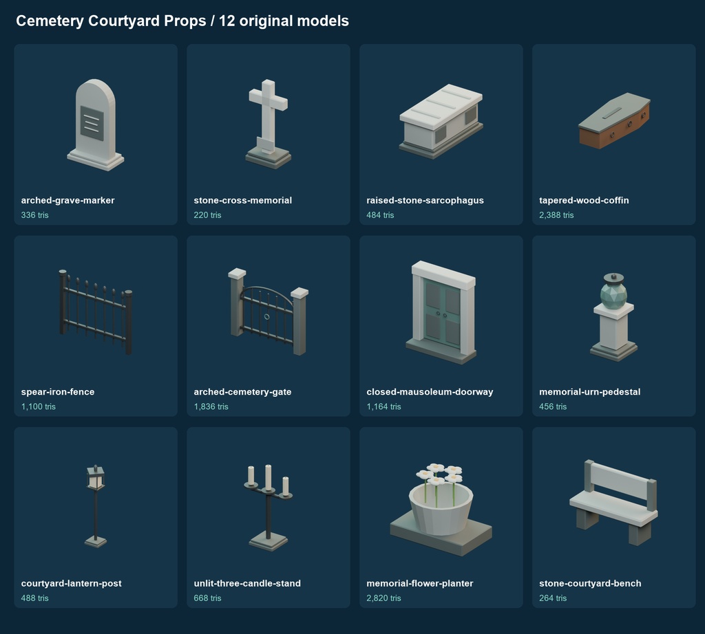 墓地の中庭3D小物12種|Cemetery Courtyard Props v0.1.0