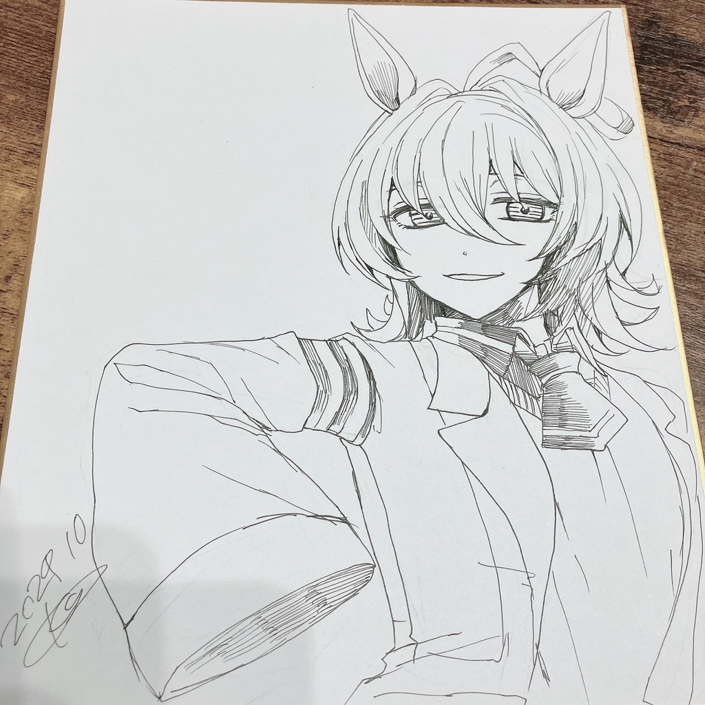 ウマ娘アグネスタキオン手描き色紙（モノクロ）
