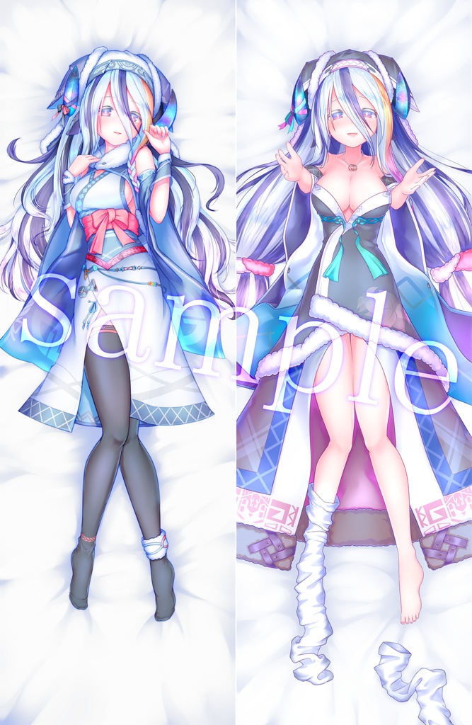 【オリジナル】和風衣装のツートーン銀髪羊娘ちゃん 抱き枕カバー