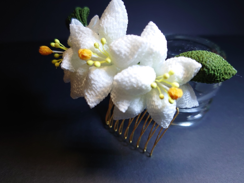つまみ細工の百合のブーケの髪飾りセット