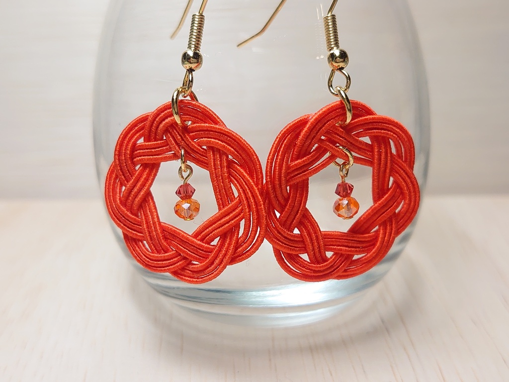 水引の耳飾り(橙)フックピアス、イヤリング、ノンホールピアス