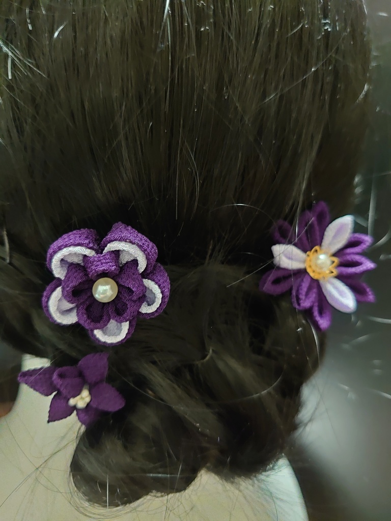 つまみ細工の髪飾りUピン3本セット(紫)