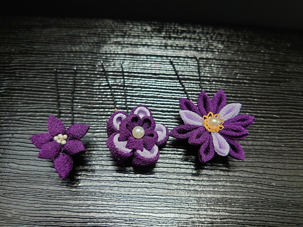 つまみ細工の髪飾りUピン3本セット(紫)
