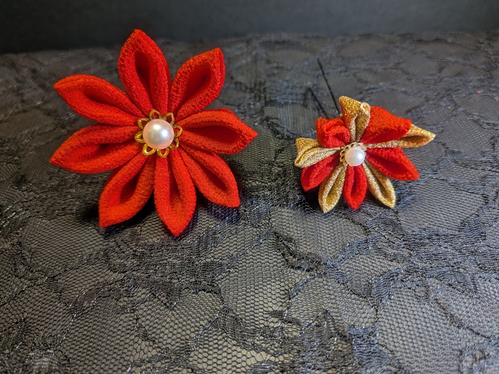 つまみ細工 赤と金の髪飾りセット
