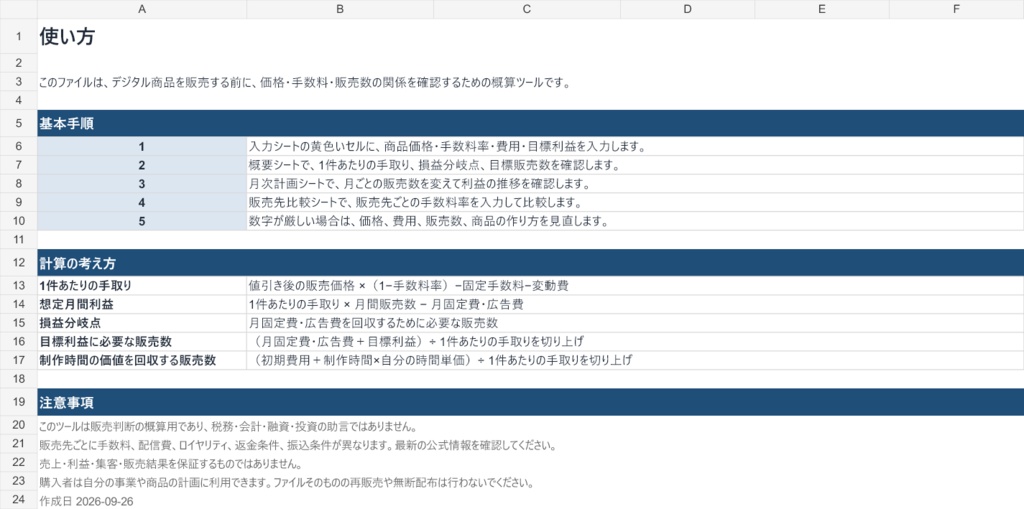 デジタル商品 収益シミュレーター|価格・利益・必要販売数を自動計算(Excel)