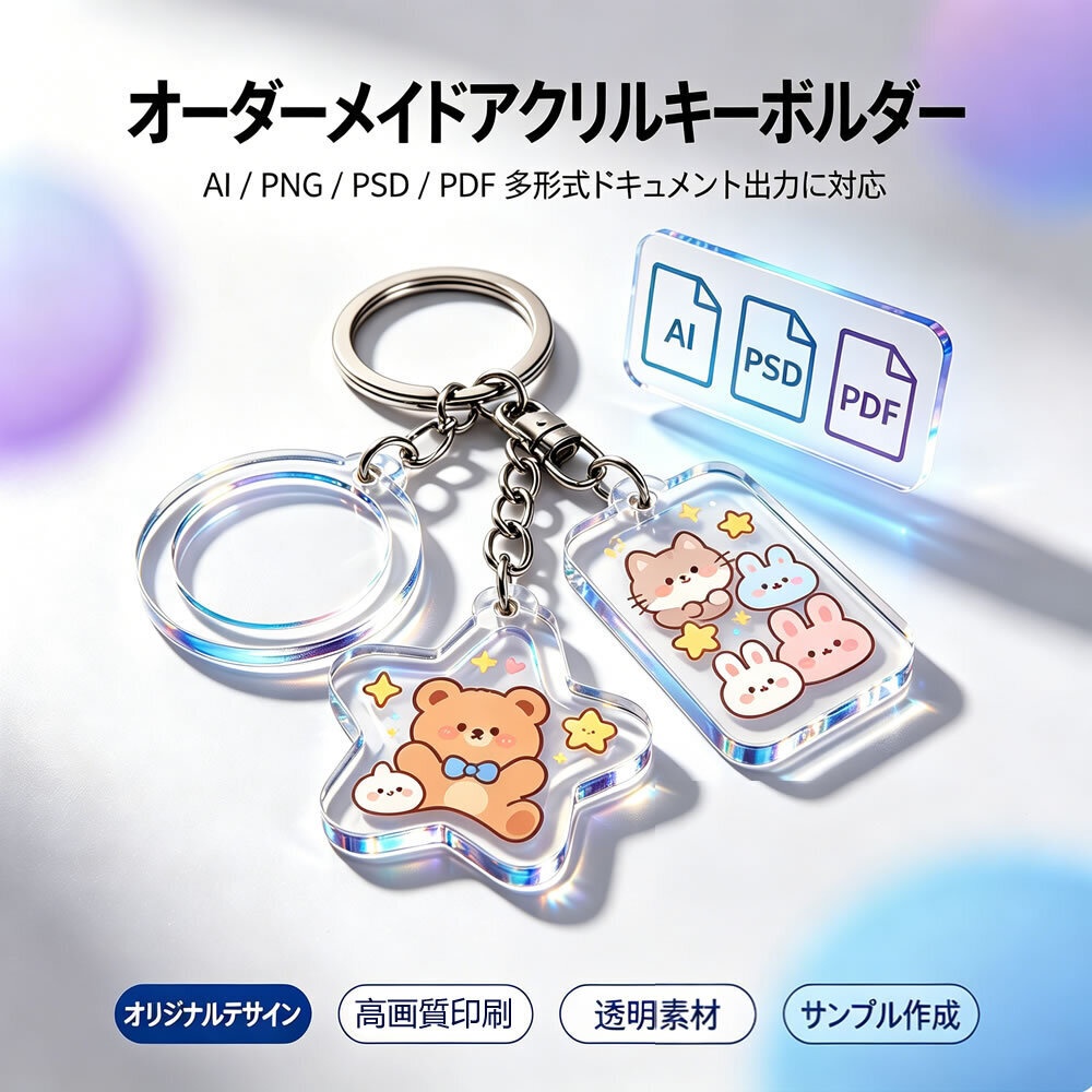 アクリルキーホルダーとアクリルペンダントは1個からカスタマイズ可能です。