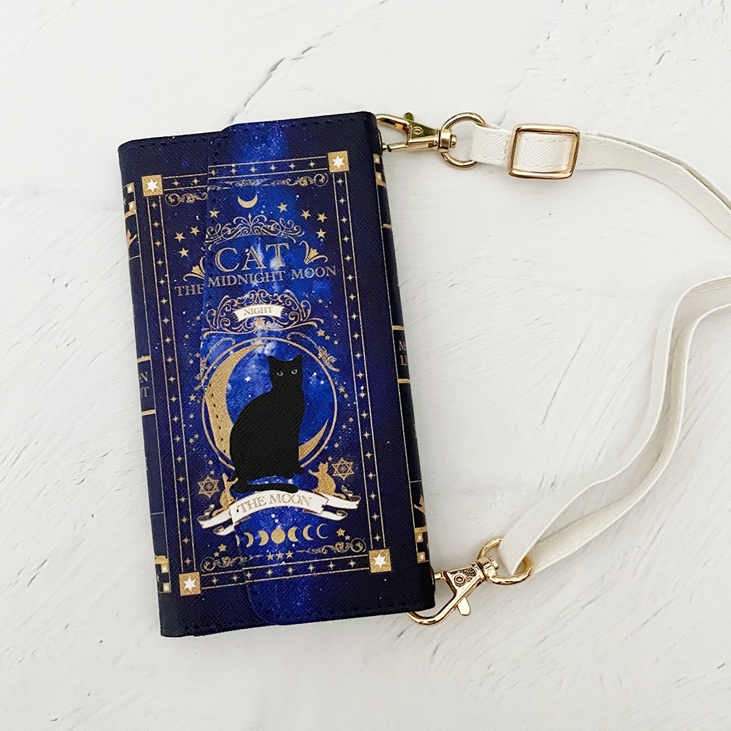 猫の魔導書 〜THE MOONLIGHT CAT〜 ショルダーストラップ付き 三つ折り手帳型スマホケース
