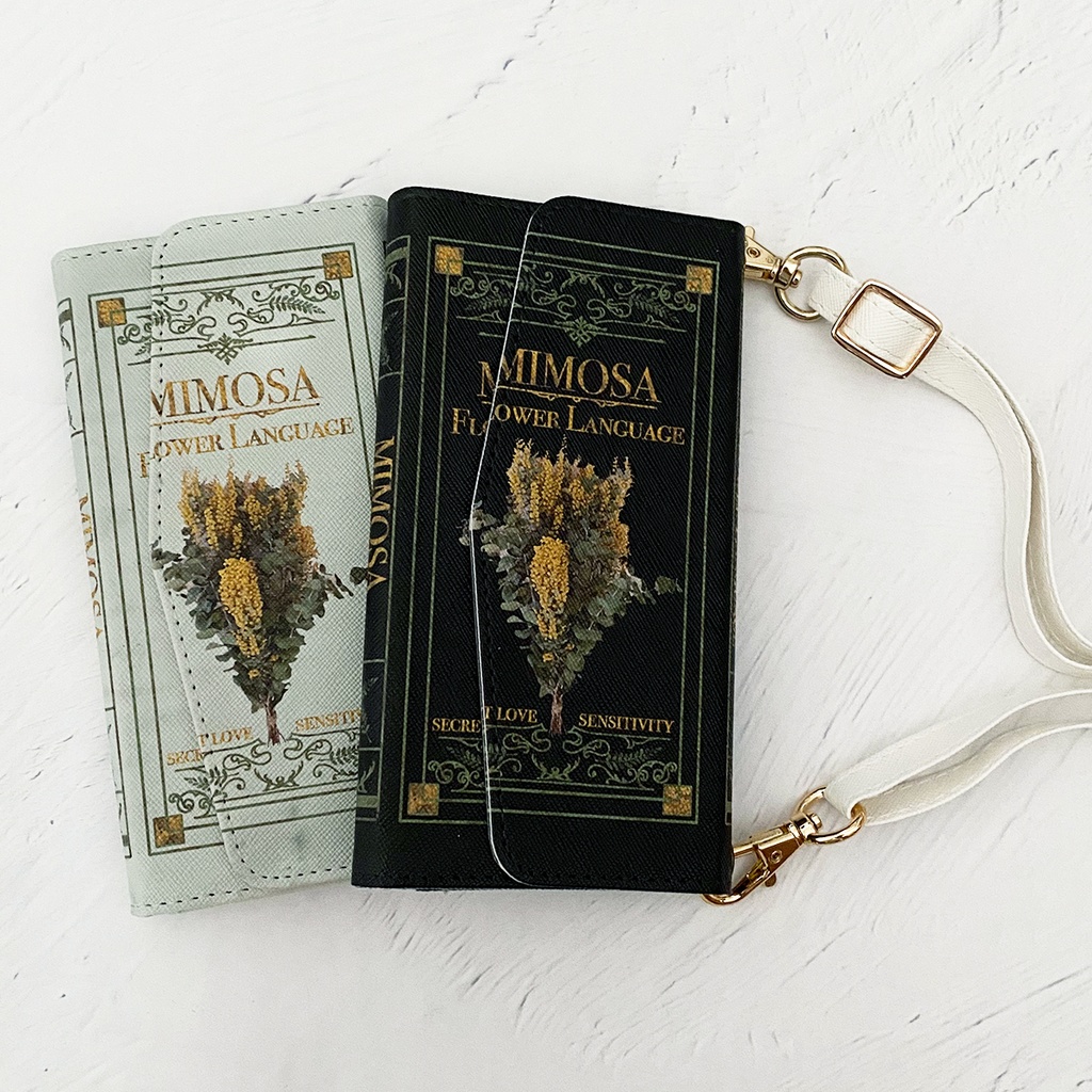 架空の洋書"ミモザの花言葉" ショルダーストラップ付き 三つ折り手帳型スマホケース