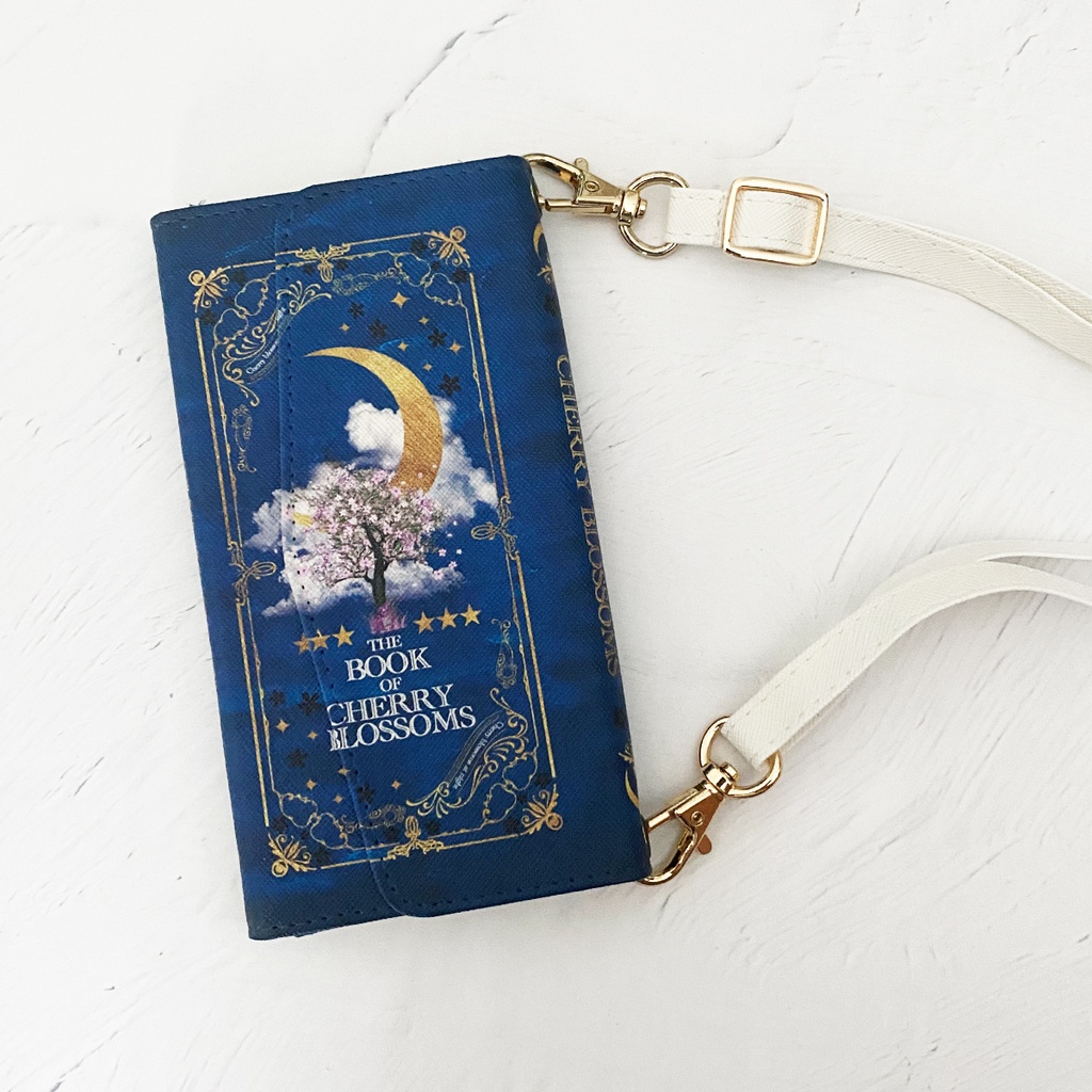 架空の洋書"夜桜の本" ショルダーストラップ付き 三つ折り手帳型スマホケース