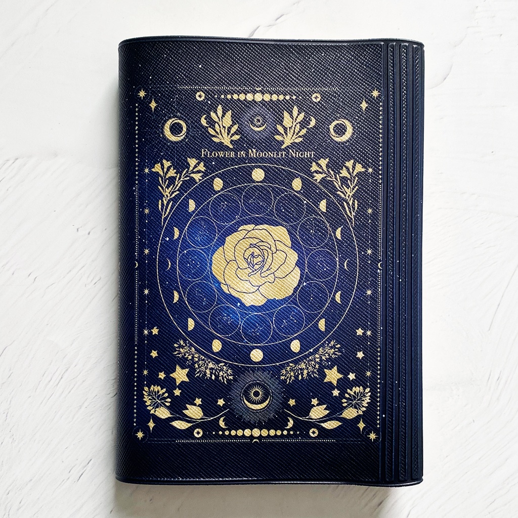 架空の洋書 "月夜の花" 12星座とアンティークフラワーの本 ブックカバー(ギャラクシー)・手帳カバー(A6)ほぼ日手帳カバー 文庫本