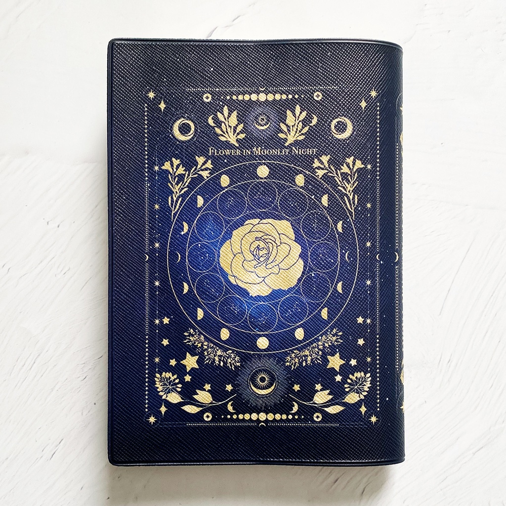 架空の洋書 "月夜の花" 12星座とアンティークフラワーの本 ブックカバー(ギャラクシー)・手帳カバー(A6)ほぼ日手帳カバー 文庫本