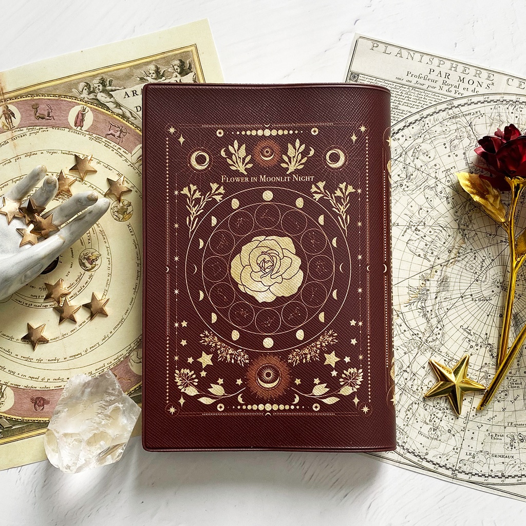 架空の洋書 "月夜の花" 12星座とアンティークフラワーの本 ブックカバー(ギャラクシー)・手帳カバー(A6)ほぼ日手帳カバー 文庫本