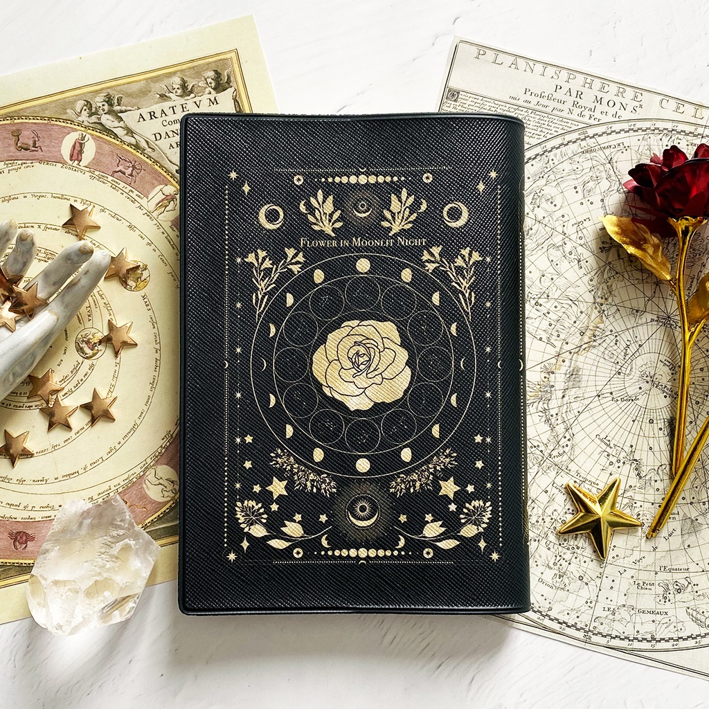 架空の洋書 "月夜の花" 12星座とアンティークフラワーの本 ブックカバー(ギャラクシー)・手帳カバー(A6)ほぼ日手帳カバー 文庫本