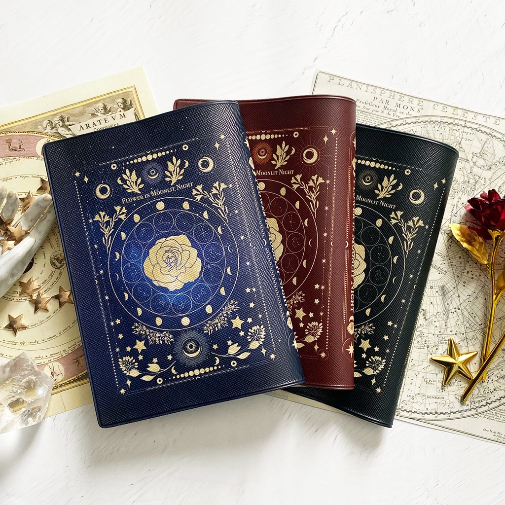 架空の洋書 "月夜の花" 12星座とアンティークフラワーの本 ブックカバー(ギャラクシー)・手帳カバー(A6)ほぼ日手帳カバー 文庫本