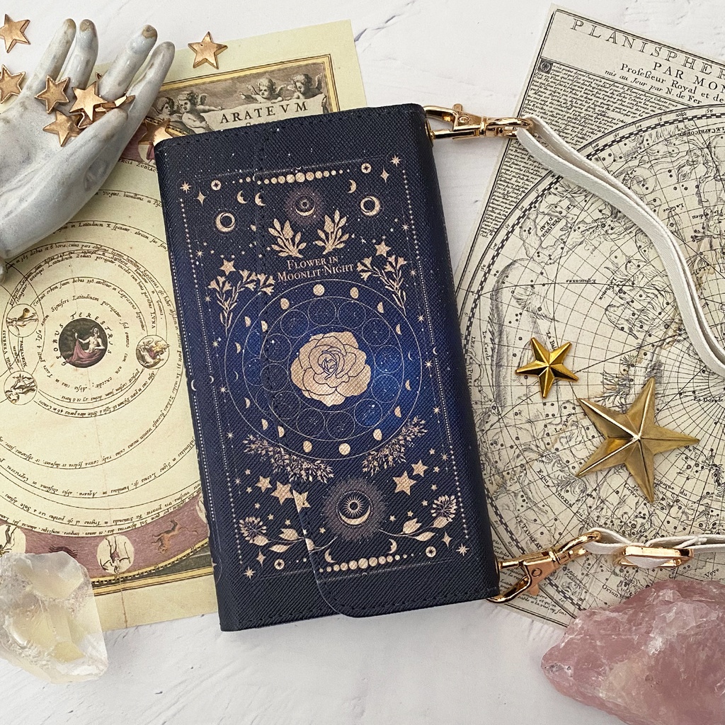 架空の洋書 "月夜の花" 12星座とアンティークフラワーの本 ショルダーストラップ付き 三つ折り手帳型スマホケース