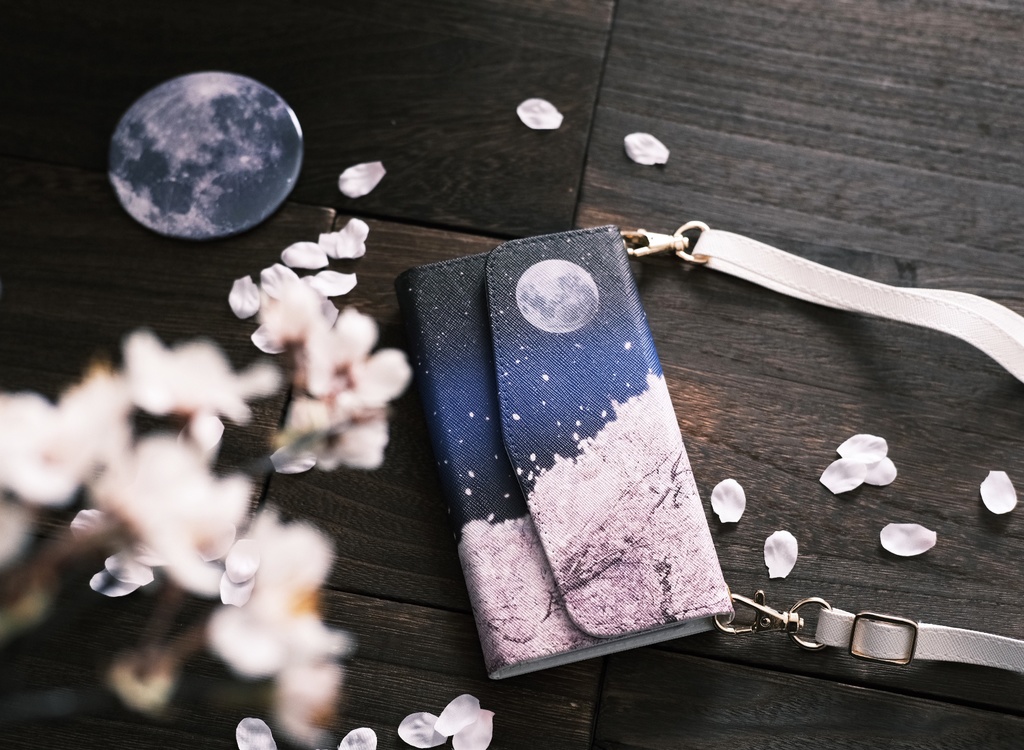 夜桜 ショルダーストラップ付き 三つ折り手帳型スマホケース