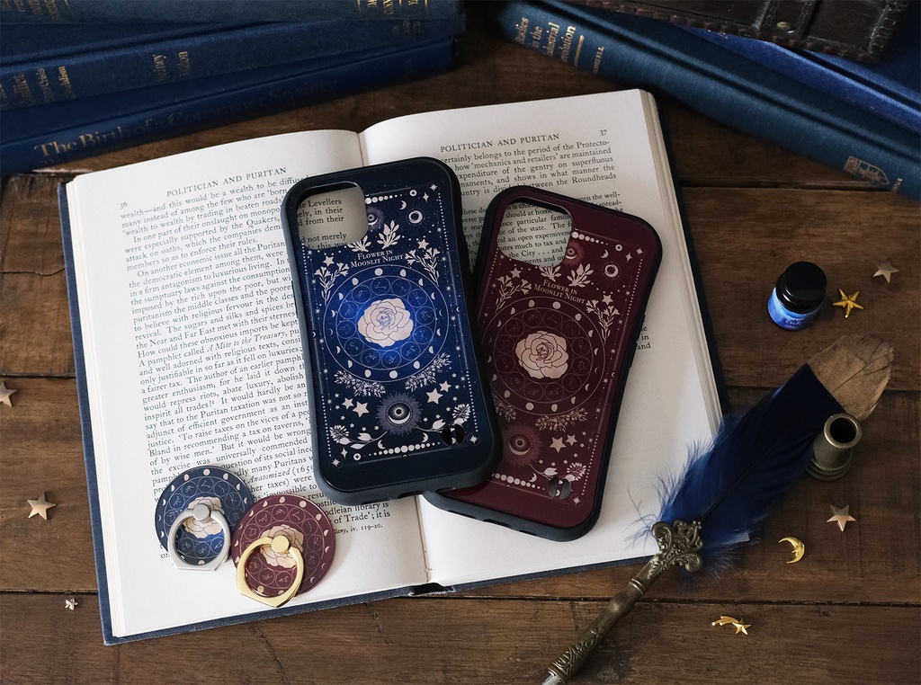 架空の洋書 "月夜の花" 12星座とアンティークフラワーの本 iPhoneグリップケース