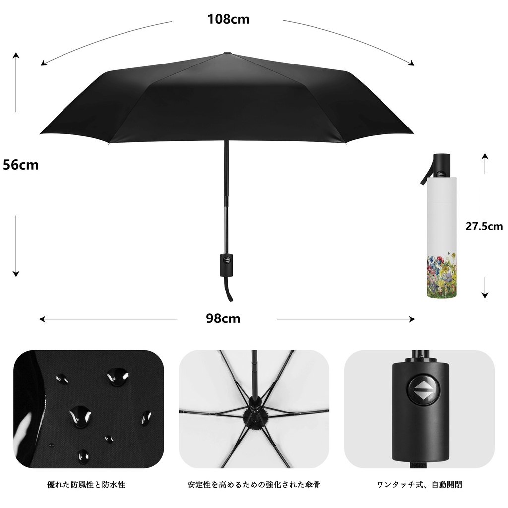 花の楽園 ボタニカル柄(ホワイト) 晴雨兼用 折りたたみ傘・日傘（内側