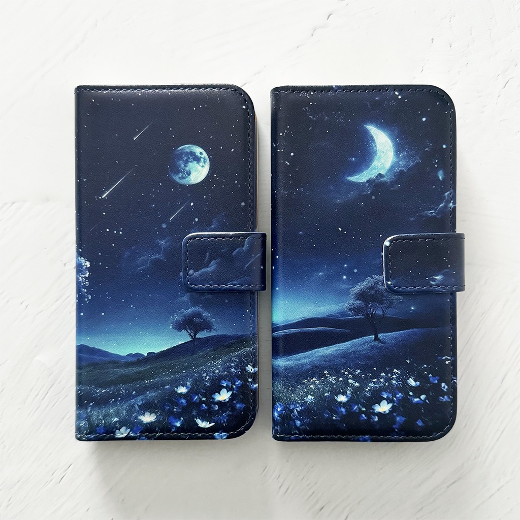 月が輝くネモフィラ畑の幻想世界 手帳型スマホケース iPhoneケース