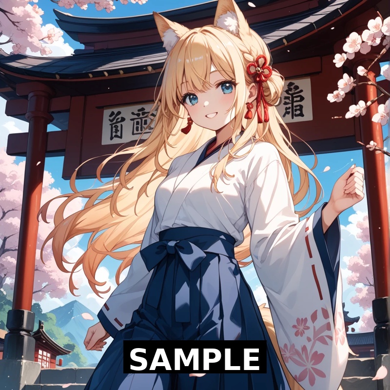狐巫女ましゅ｜春空と桜の神社にて【高解像度AIイラスト】