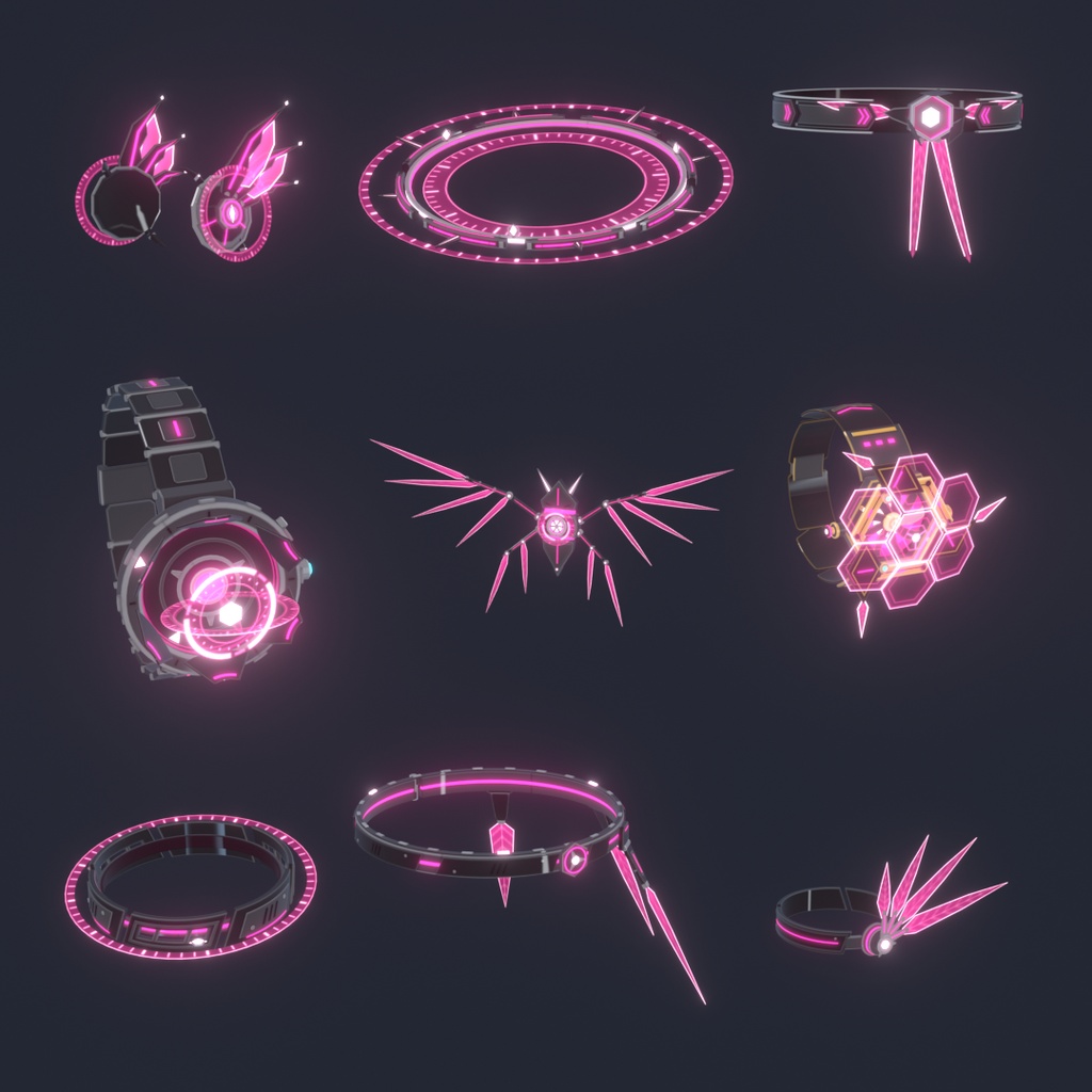 Neon Mech Accessory Set【第一弾・VRChat想定・MA対応】アニメーション付き発光メカアクセサリー9種