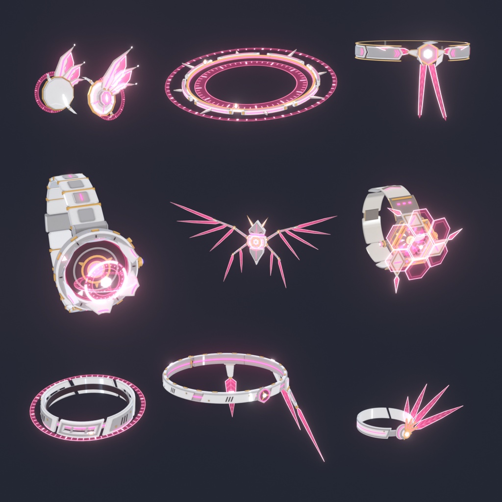 Neon Mech Accessory Set【第一弾・VRChat想定・MA対応】アニメーション付き発光メカアクセサリー9種