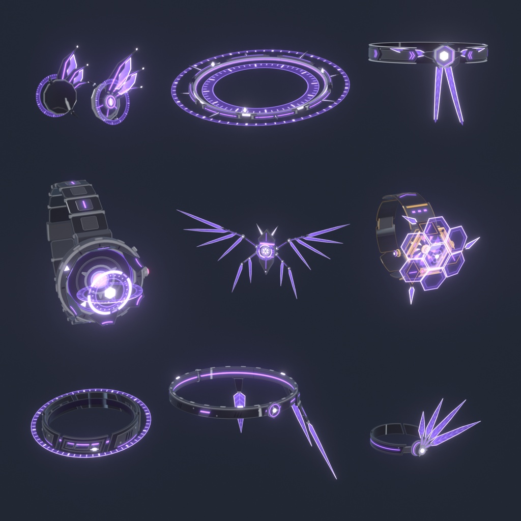 Neon Mech Accessory Set【第一弾・VRChat想定・MA対応】アニメーション付き発光メカアクセサリー9種